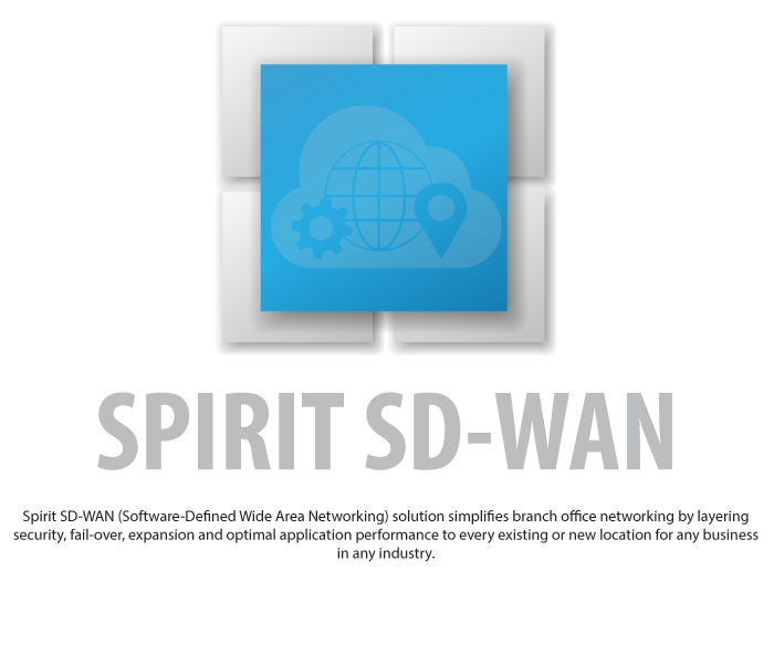 Spirit SD-WAN (Software-Defined Wide Area Networking) solution simplifies branch office networking by layering security, fail-over, expansion and optimal application performance to every existing or new location for any business in any industry.